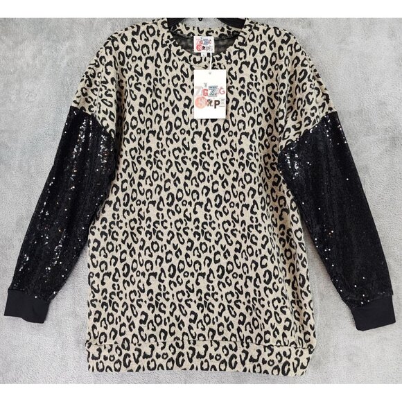 The ZigZag Stripe Sweater Womens Large Black Leopard Sequin Momcore Pullover - Picture 1 of 10